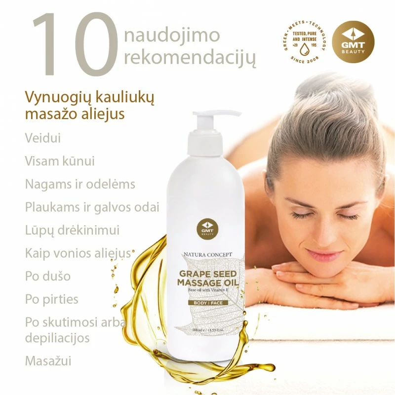 GMT BEAUTY masažo aliejus su vynuogių kauliukais, 500ml