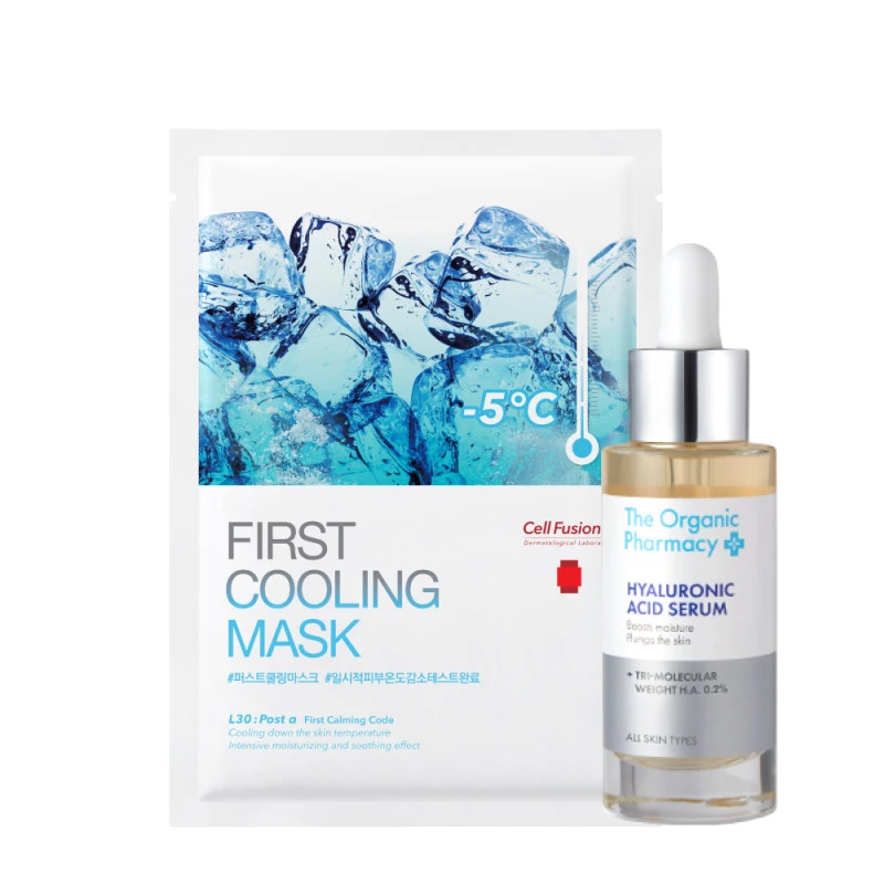 THE ORGANIC PHARMACY Hyaluronic Acid Serum & First Cooling Mask / Gaivinantis ir giliai drėkinantis odą rinkinys veidui 30 ml + 1 vnt 