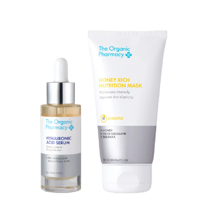 THE ORGANIC PHARMACY Hyaluronic Acid Serum & Honey Rich Nutrition Mask / Max drėkinantis rinkinys veidui 