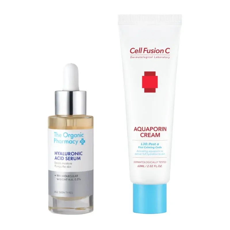 THE ORGANIC PHARMACY Hyaluronic Acid Serum & Aquaporin cream / Visapusiškas odos drėkinimas su Aquaporin kremu ir Hialurono serumu 30 ml + 60 ml