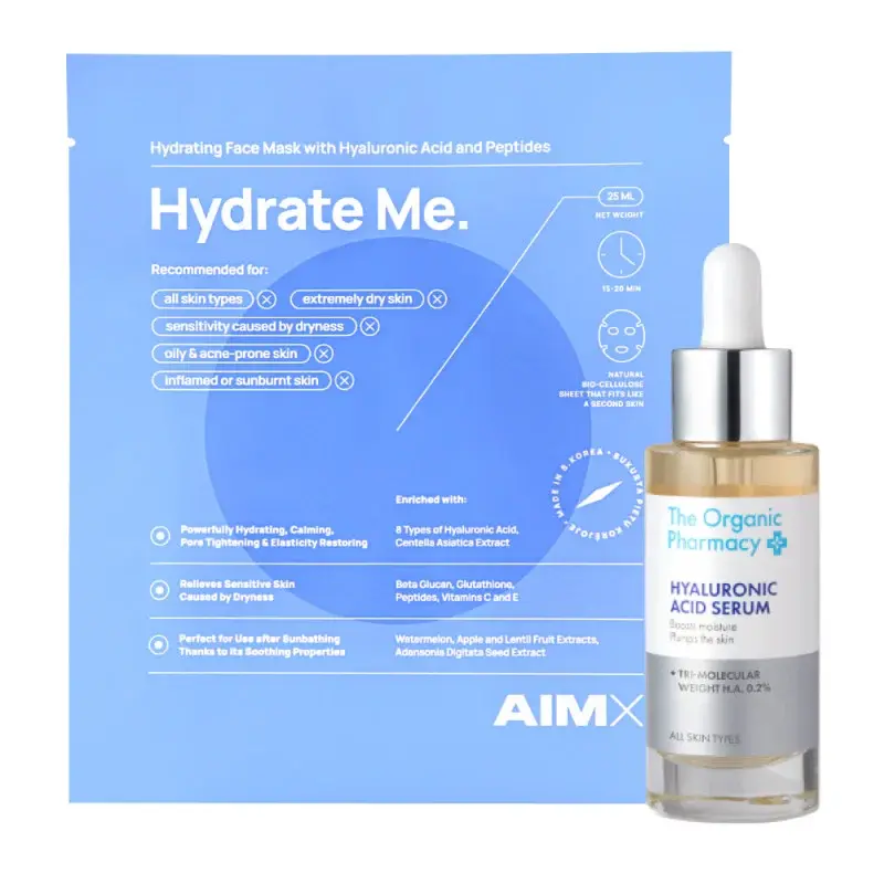 THE ORGANIC PHARMACY Hyaluronic Acid Serum & Hydrate Me / Sausą odą atstatantis drėkinančios kaukės ir serumo rinkinys 30 ml + 1 vnt