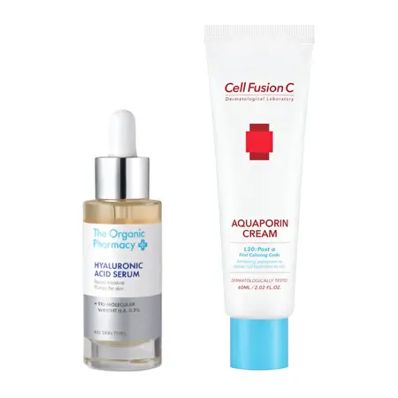 THE ORGANIC PHARMACY Hyaluronic Acid Serum & Aquaporin cream / Visapusiškas odos drėkinimas su Aquaporin kremu ir Hialurono serumu 30 ml + 60 ml